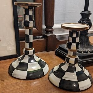 Mackenzie Childs Courtly Check Enamel Middling Candlestick Set RETIRED